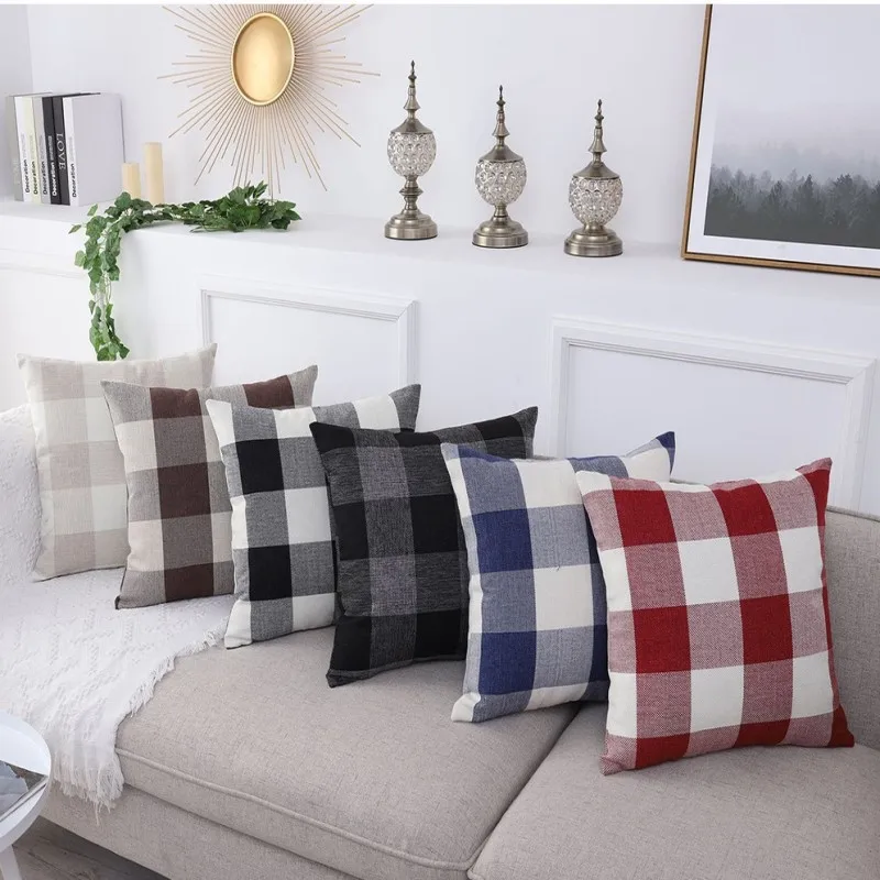 

Geometric Pillow Cushion Cover Plaid Pattern Home Decoration Pillows Custom Linen Simple Classic Style Pillow Cover