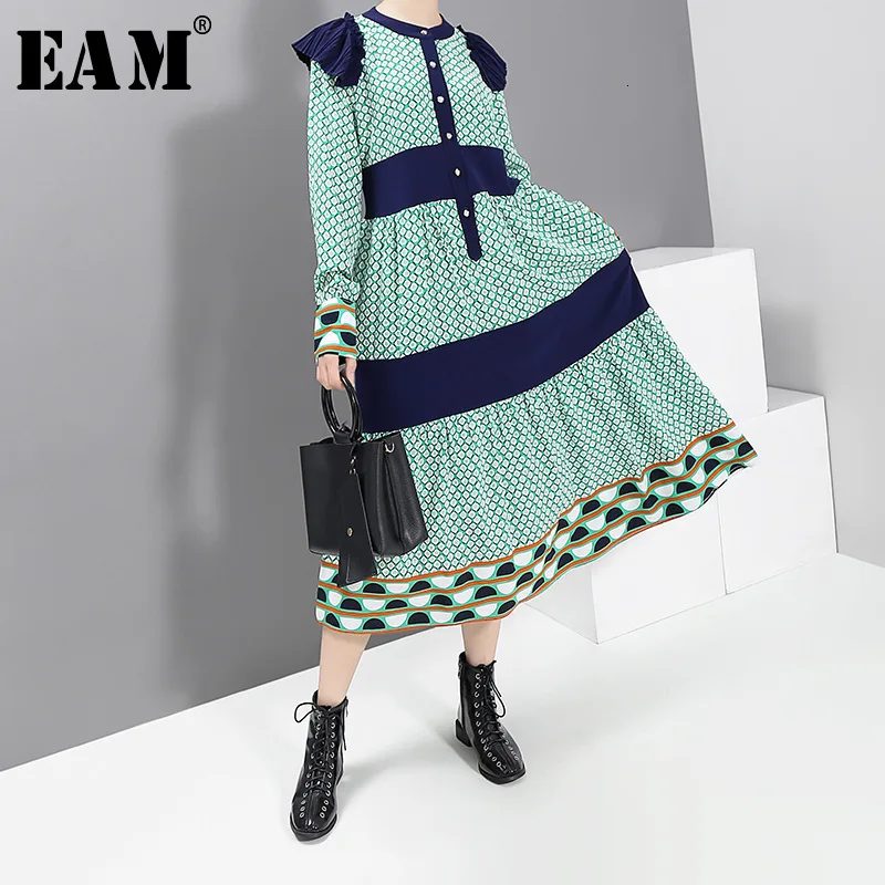 

[EAM] Women Pattern Printed Ruffles Temperament Dress New Round Neck Long Sleeve Loose Fit Fashion Tide Spring Autumn 2019 1H298