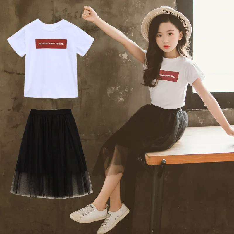 

Girls Yarn Skirt Set 2020 New Summer Fashion Short-Sleeved Printed T-shirt Yarn Skirt Two-Piece Children's Skirt