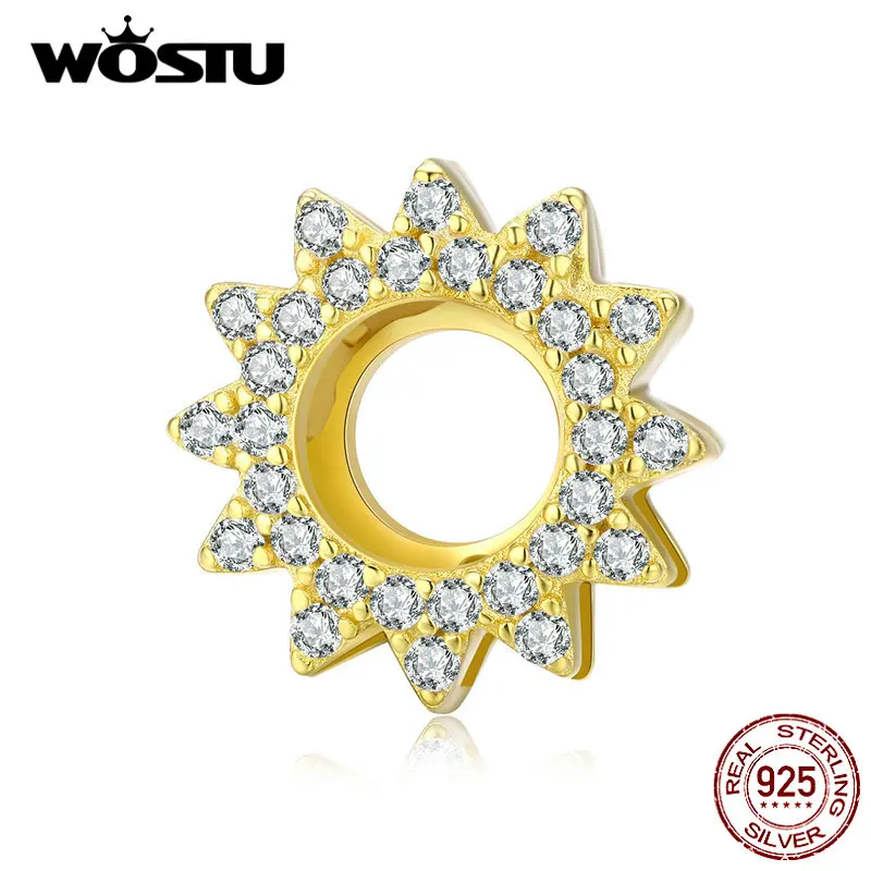WOSTU 925 пробы Серебряный Подсолнух Солнечный бисер циркон золотой цвет Шарм Подходит браслет и браслеты DIY Ювелирные изделия CQX107