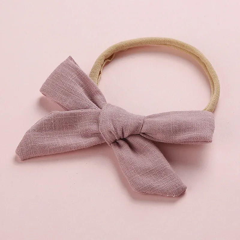 New Baby Toddler Cotton Linen Nylon Bow Headband Solid Color Seamless Kids Top Bows Elastic Hair Bands Headwrap Hair Accessories - Цвет: puce