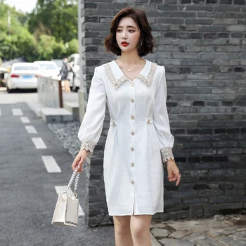 

2020 autumn new lace doll collar stitching long sleeve dress elegant long fashion temperament dress comfortable and elegantM-2XL