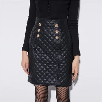 

New Fashion Runway Winter Spring 2019 Skirts Womens Plaid Metal Button Faux Leather Skirt Zipper Pencil Black Mini Skirt