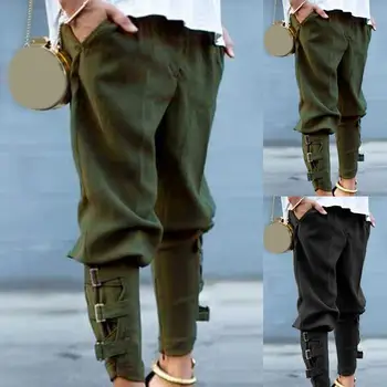 

2019 Casual Women Solid Color Pockets Pants Buckles Bandage Pencil Long Pants