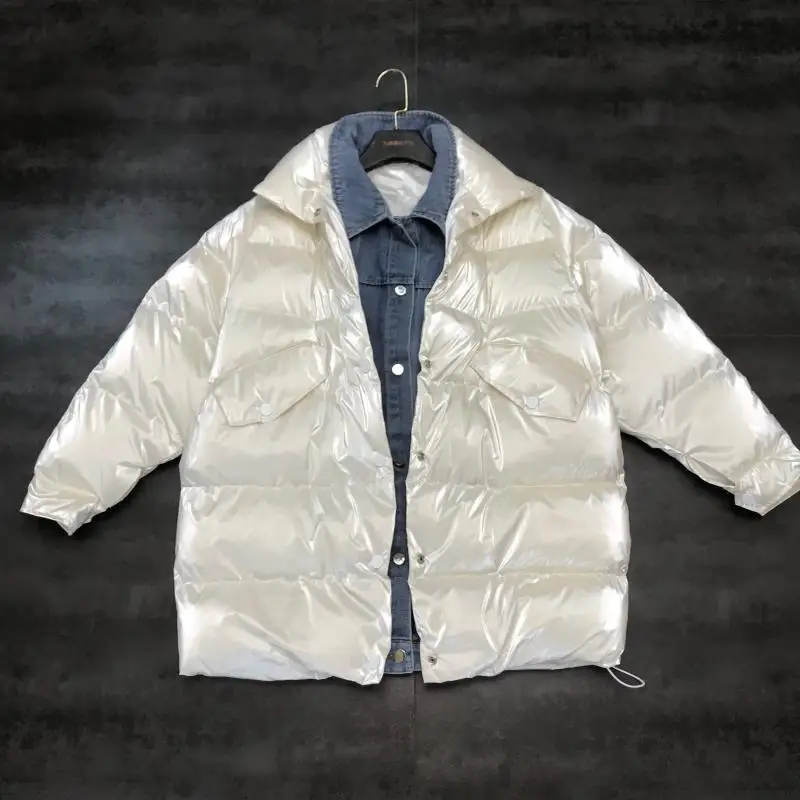 Loose denim stitching fake two-piece cotton jacket female 2019 winter new thick coat | Женская одежда