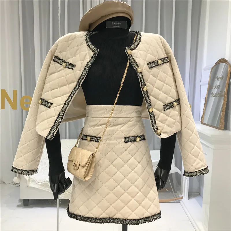 ALPHALMODA, зимняя женская куртка, юбка, 2 шт., модный костюм, в сетку, с подкладкой, короткая верхняя одежда, пальто+ трапециевидная юбка, Модный комплект