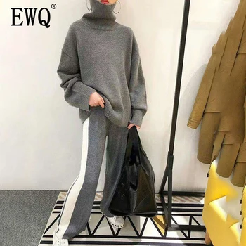 

[EWQ] 2020 Spring autumn turtleneck collar long sleeve Sweater Stripe Hit Color Knitting Wide Leg Pants Suit women AD47502a