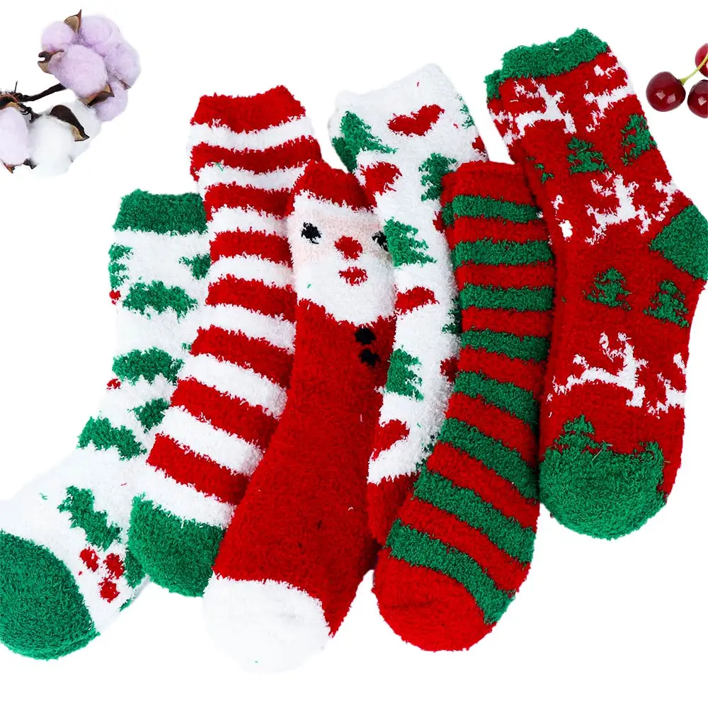 Fashion Women Santa Coral Fleece Xmas Thicken Warm Fluffy Winter Floor Socks