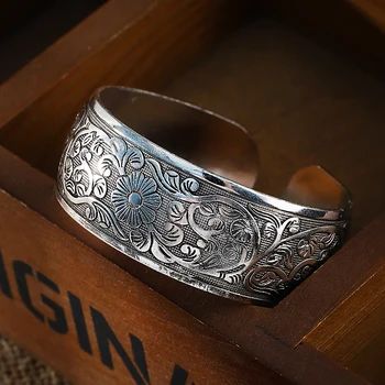 

Women Vintage Tibetan Tibet Silver Peony Carved Bangle Cuff Fashion Bracelet Indian Jewelry