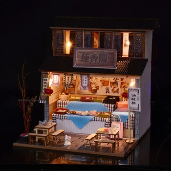 

DIY Wooden Dollhouse Miniature Kit with Furniture, LED Light Chinese Style Snack Shop