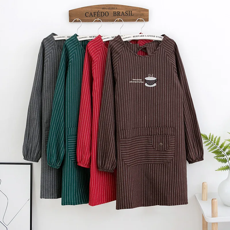 

Striped Kitchen Sleeved Apron For Women Enlarged Pocket Waterproof Oil-Proof Cooking Baking Pinafore House Cleaning Bib 46432