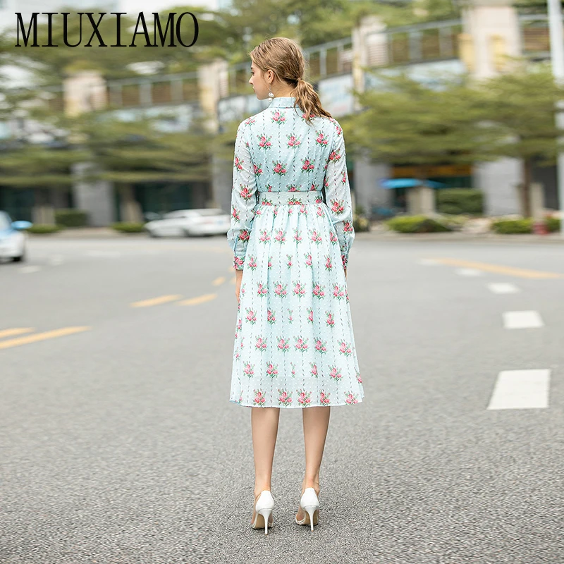 MIUXIMAO, высокое качество, осень и весна, платье с цветочным принтом, офисное, женское, синее, элегантное, Повседневное платье, vestidos с поясом