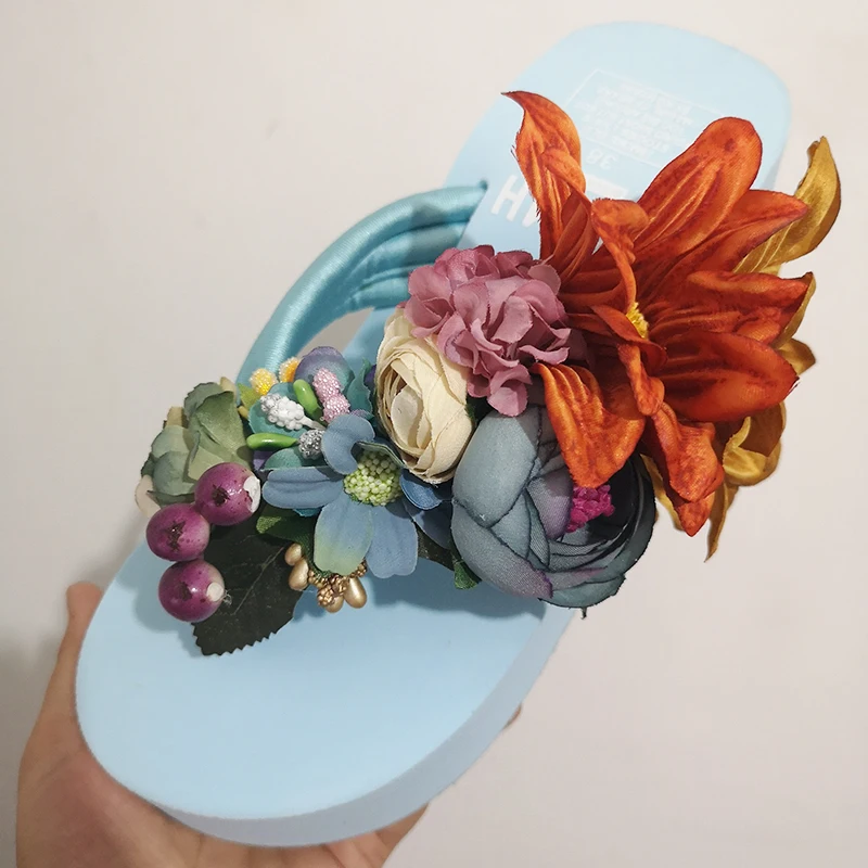 HAHAFLOWER/Коллекция года; женские шлепанцы; Летние слипоны с цветочным узором; Цвет Синий; женские пляжные вьетнамки на танкетке; размеры 36-42;