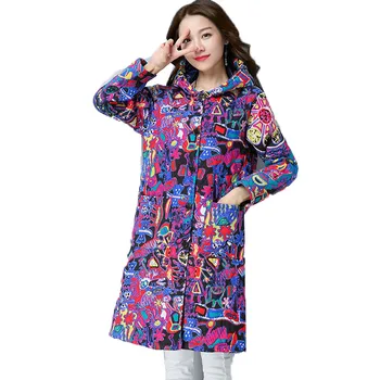 

2019 New Coat Winter Jacket Women's Long Retro National Wind Printed Cotton Coat Large Size Loose Cotton Linen Warm Windbreaker