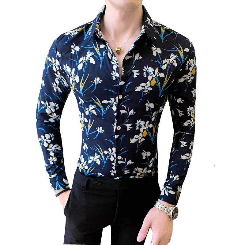 Рубашка мужская с принтом повседневная приталенная длинным рукавом для клуба