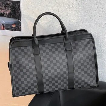 

Fashion Men's Bag Classic Plaid Leather Cross Handbag Large Capacity Fashion Fitness Bag Travel Bag Short-Distance Luggage Bag
