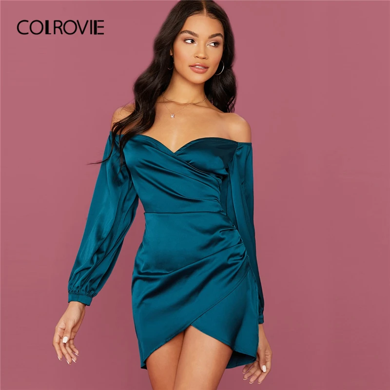 

COLROVIE Green Off Shoulder Asymmetrical Hem Satin Dress Women Bishop Sleeve Mini Dress 2020 Spring Sexy Glamorous Dresses