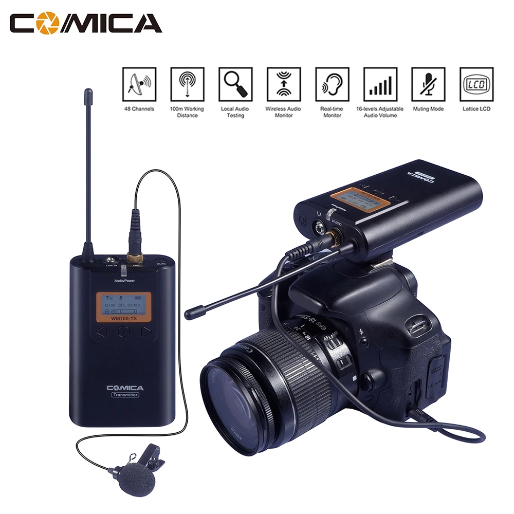 COMICA CVM WM100 PLUS UHF 48 канальный моно/стерео Беспроводная камера Lavalier микрофон для Canon