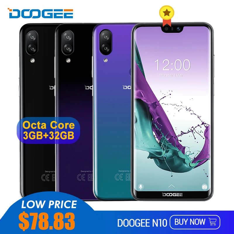 DOOGEE N10 мобильный телефон Восьмиядерный 3 ГБ ОЗУ 32 Гб ПЗУ 5,84 дюймов FHD + 19:9 дисплей 16 МП фронтальная камера 3360 мАч Android 8,1 4G LTE 2019