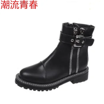 Woman Chelsea Flat Ankle Boots casual short Boots autumn winter Ankle Boots Fashion High Quality Zip double Women Boots tanie i dobre opinie NoEnName_Null Fits true to size take your normal size Round Toe Spring Autumn Solid Square heel Riding Equestrian Fabric