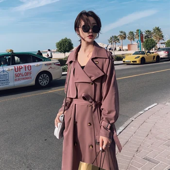 

2020 Spring And Autumn New Temperament Double-breasted Trousers Solid Color Stitching Windbreaker Fashion Casual Jacket Coat