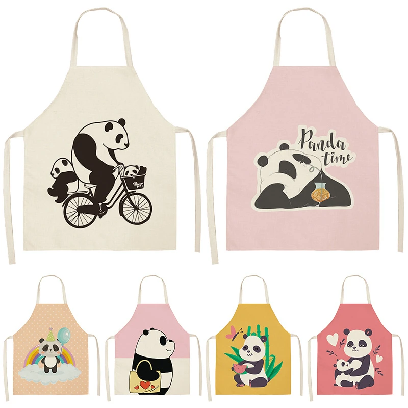 1Pcs Cute Panda Letter Kitchen Aprons For Women Cotton Linen Bibs Household Cleaning Pinafore Home Cooking Apron 53*65cm WQL0198