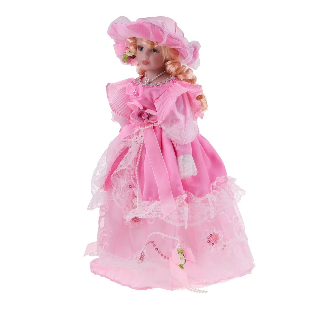 40cm Porcelain Doll Beautiful Vintage Lady Figures in Pink Princess Clothes with Wooden Stand for Adults Collections 