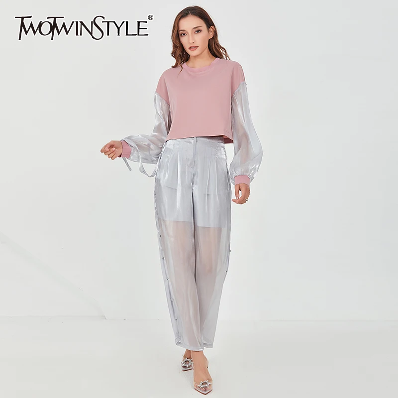 

TWOTWINSTYLE Casual See Through Two Piece Set For Women O Neck Lantern Sleeve Short Top High Waist Pants Female Suit Female New