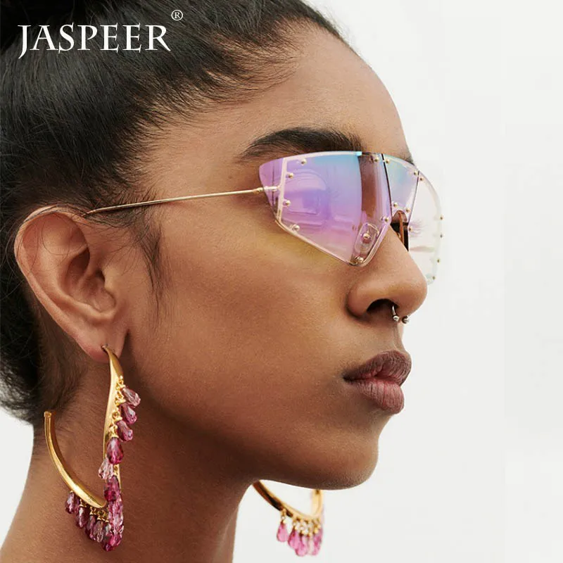 JASPEER, модные солнцезащитные очки Rihanna, женские, Ретро стиль, зеркальные, мужские, оттенки, без оправы, очки, люксовый бренд, металлические заклепки, тренд, женские очки