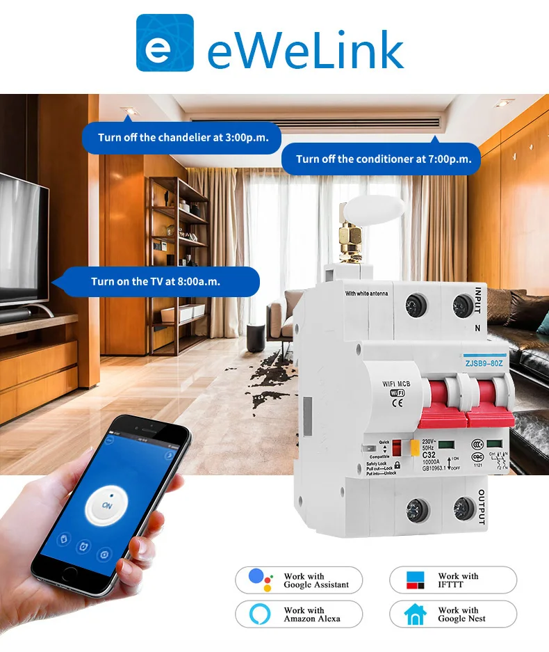 EWeLInk 2P Пульт дистанционного управления WiFi автоматический выключатель защита от