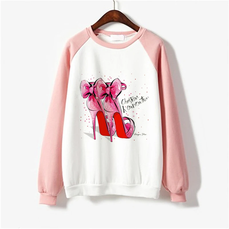 Women Hoodie Pink High Heel Bow Womens Hoodies Pullover Lady Floral Heart Harajuku Hoodies Women Casual Sweatshirt Luxury Gift