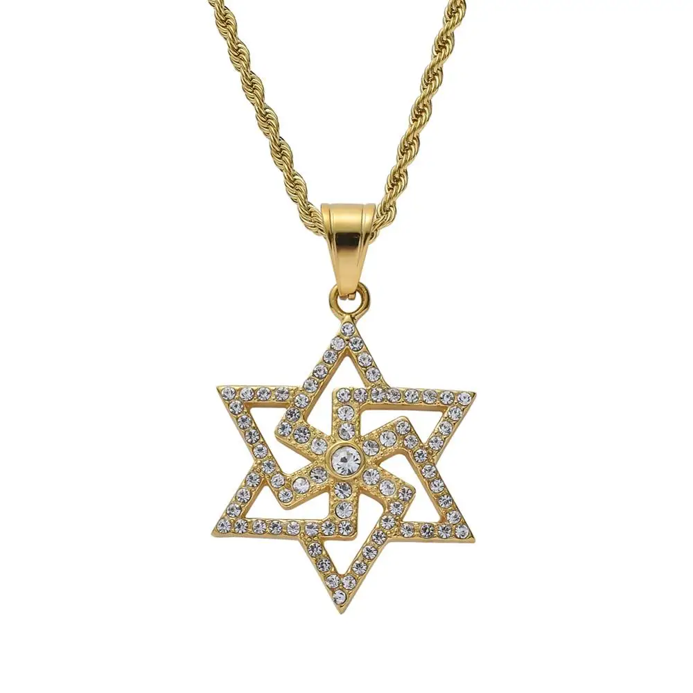 

Stainless Steel Necklace Rhinestone Star of David Pendant With 24 inch Chain Gold Color Men's Hip Hop Jewelry Gifts