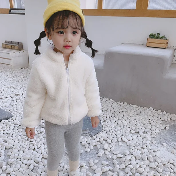 

Oeak Winter New Girls Plush Coat Fleece Warm Jacket Snowsuit 1-5Y Baby Coat Kid Solid Color Round Neck Outerwear Clothes