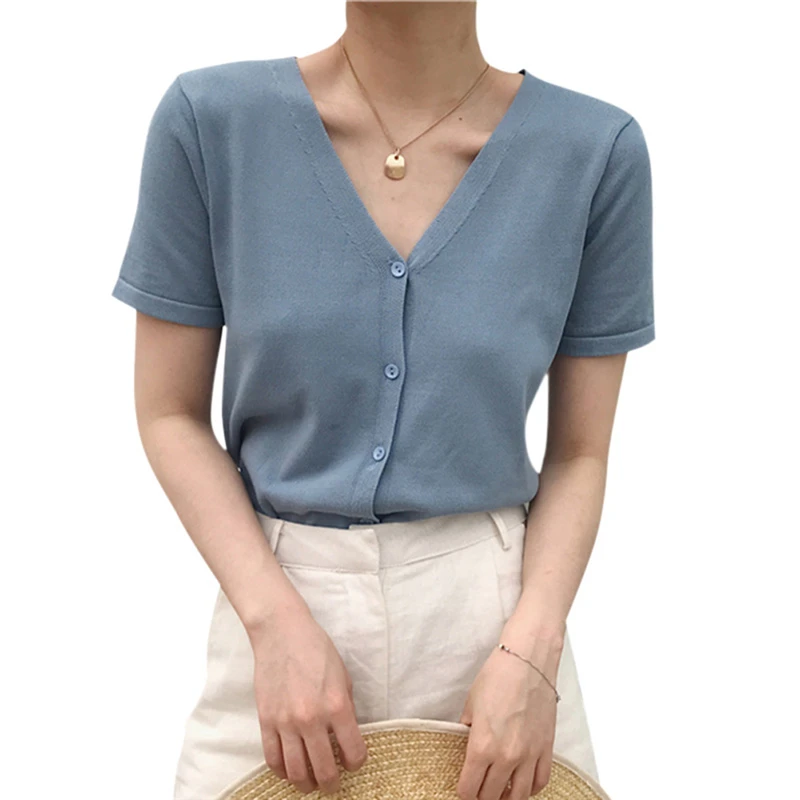 

Women Summer T-Shirt Tops Ladies Casual Knitwear Solid Color V-Neck Short Sleeve Tee Tops Korean Fashion Clothes(White/Red/Blue)