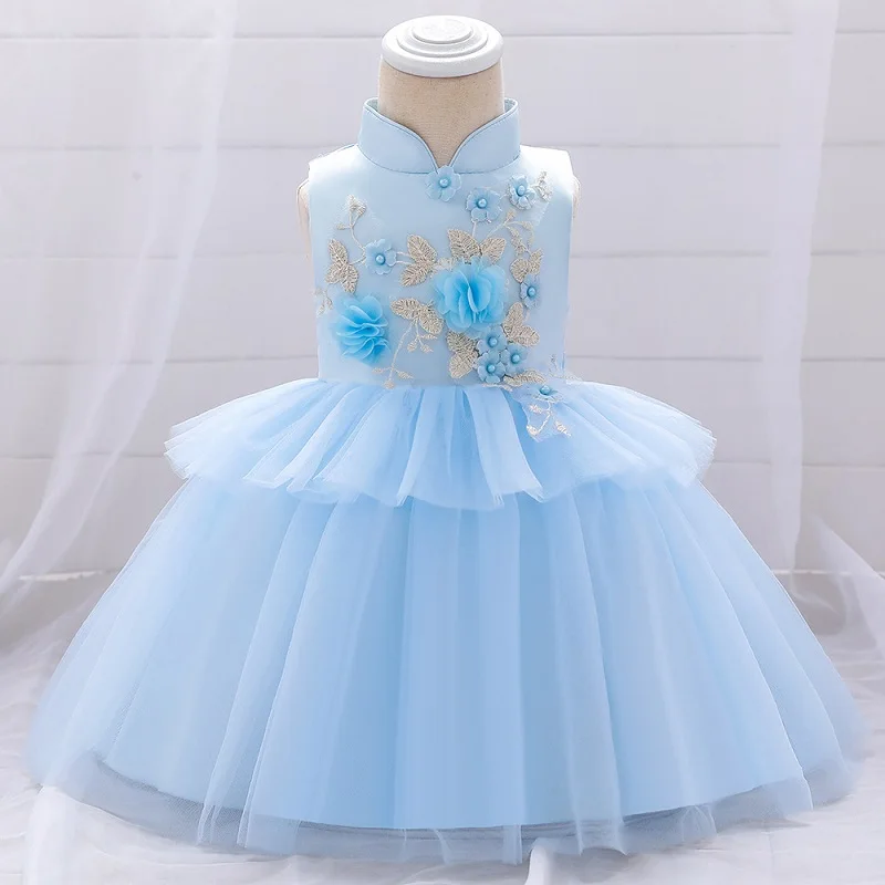 Летнее платье для маленьких девочек; белое платье для крещения с аппликацией для девочек; одежда для малышей для первого дня рождения, свадьбы - Цвет: sky blue
