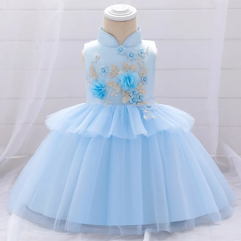 sky blue Летнее платье для маленьких девочек; белое платье для крещения с аппликацией для девочек; одежда для малышей для первого дня рождения, свадьбы - Цвет: sky blue