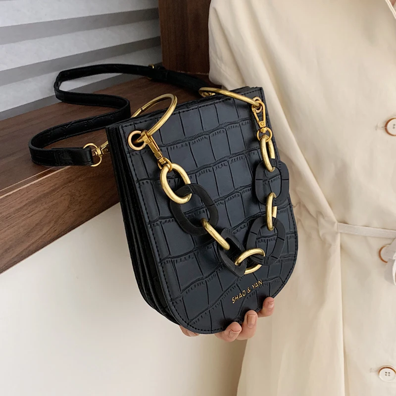 

New Fashion Stone Pattern Saddle Crossbody Bag for Women Acrylic Chain Handbag and Purse Chic Simple Shoulder Messenger Bag 2019