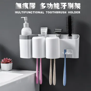 

Plastic Toothbrush Holder with Gargle Cup Wall Suction Cups Rack Shaver Tooth Brush Dispenser Bathroom Accessories Set