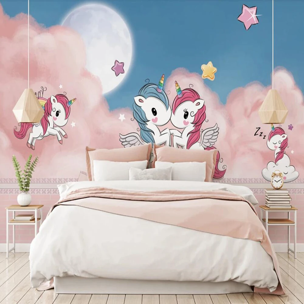 

Drop Shipping Custom Large Wallpaper Mural Modern Minimalist Hand Painted Pink Unicorn Children Room Wall Decoration Paintin