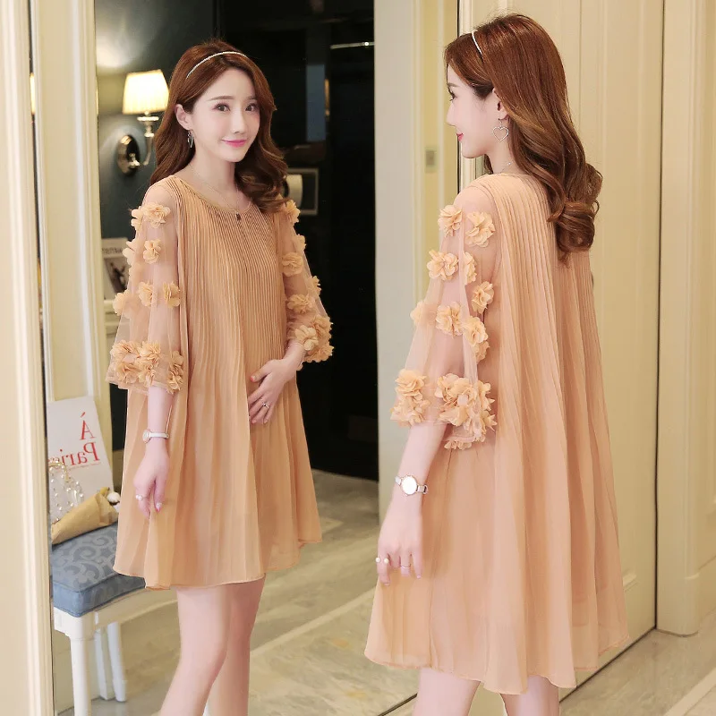 

Maternity Clothes Spring And Summer Dress 2019 New Style Fashion Mom Tops Short Sleeve Pleated Chiffon Gauze Flower