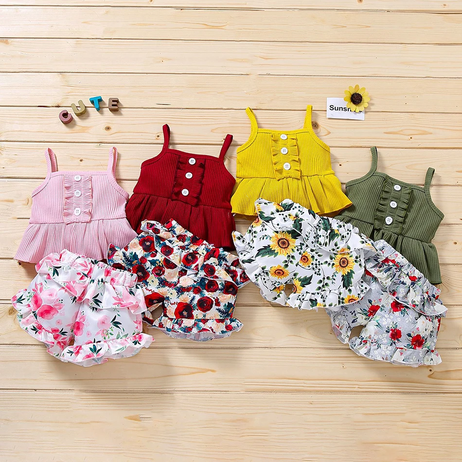 Summer Toddler Kids Baby Girls Clothes Boho Cute Sleeveless Cotton Button Suspender Vest Tops+Ruffles Floral Print Shorts Sets | Детская