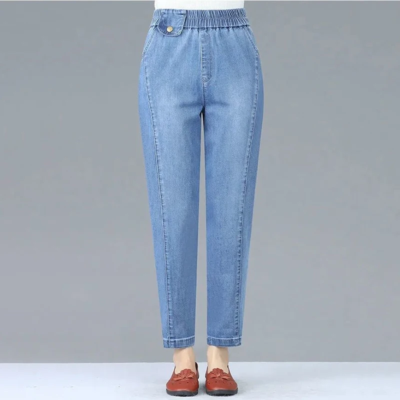 Elastic Waist Jeans Harem Women Plus Size Button Denim Pants Spring Autumn New Mom Ankle-Length Pants Loose Straight t Trousers