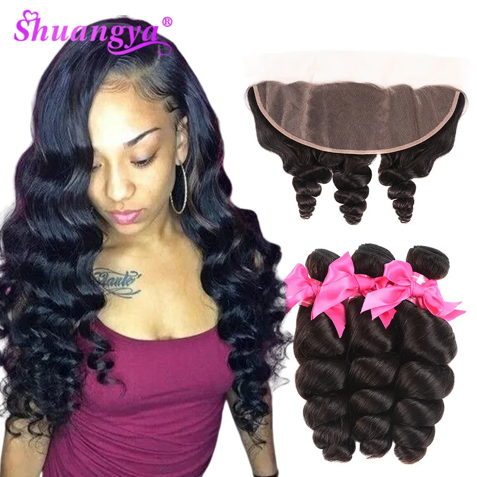 

Transparent Lace Frontal With Bundles Peruvian Loose Wave Bundles With Frontal Remy Hair With Closure Shuangya hair Bundles