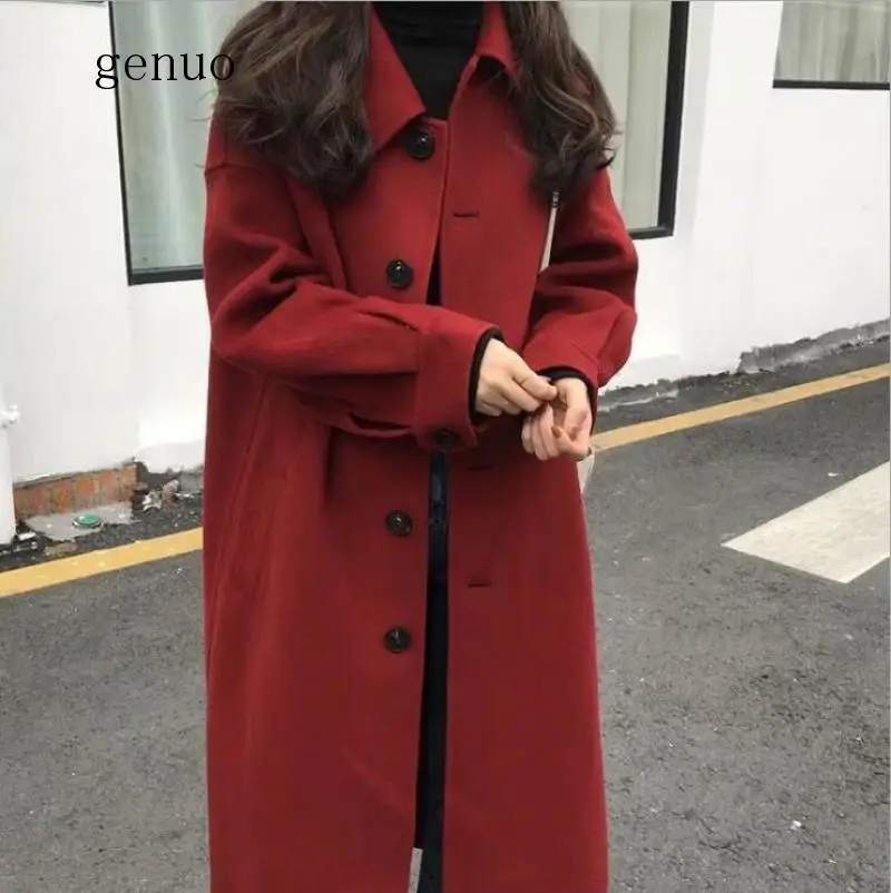 

Women Woolen Coat Autumn Winter Outerwear New Fashion Single-breasted Jackets Long Large Size Black Red Coats Female