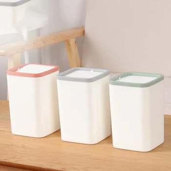 

1pc Stylish Minimalist Office Desktop Plastic Trash Can With Lid Mini Portable Desktop Soot Bin Household Trash Can