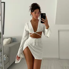 

Two Piece Set Women Party Autumn Short Skirt Suit Solid Lapel Open Umbilical Slit Irregular Suit Lace Long Sleeves Short Skirt