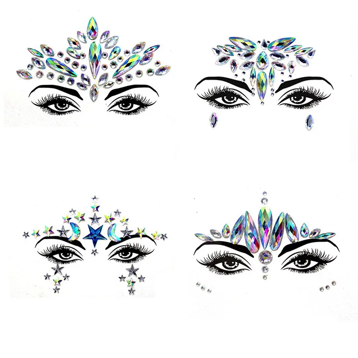 6  4pcs Glitter Face Jewelry Stickers Acrylic Rhinestone Festival Masquerade Party Temporary Tattoo Fashion DIY Jewelry Stickers
