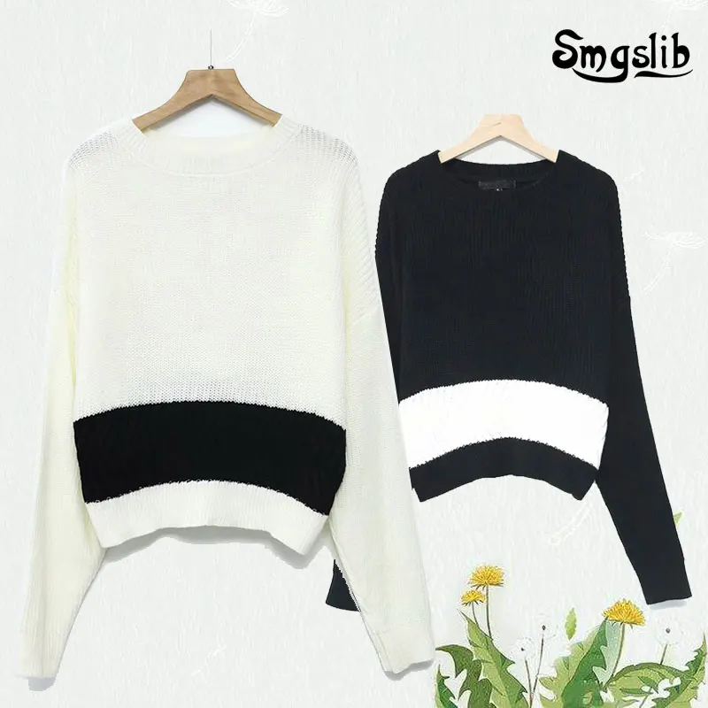 

white patchwork casual crop sweater women autumn 2019 o neck long sleeve jumpers pullover knit croped sweaters mujer