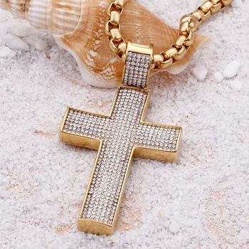 

Stainless Steel Men's Necklace Hip Hop Gold Color Crystal Cross Pendant Necklaces For Male Hip Hop Punk Fashion Jewelry Gift New