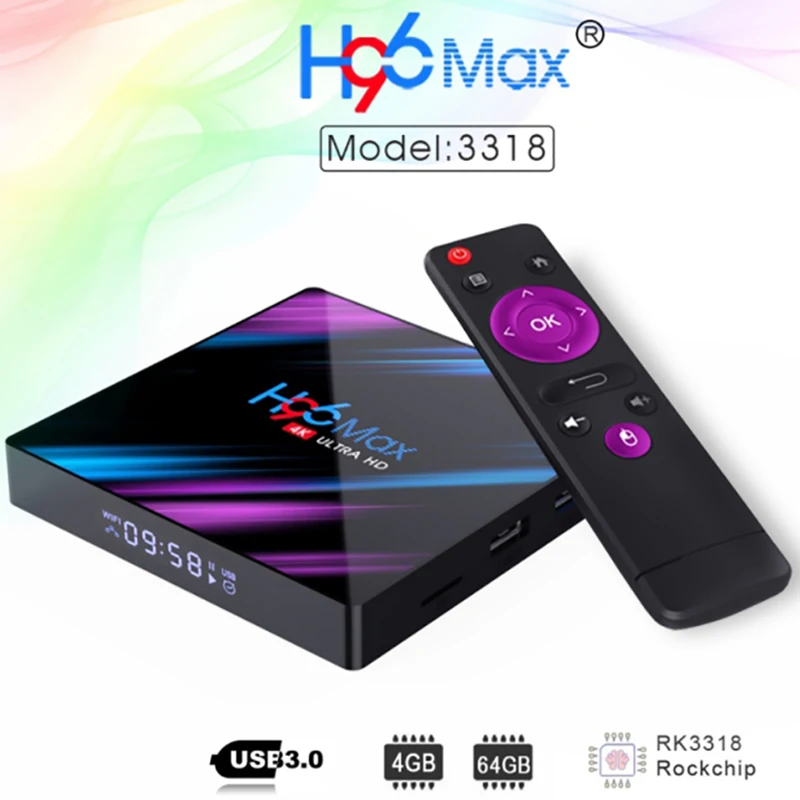 

H96 MAX RK3318 Smart TV BOX Android 9.0 4GB 64GB Quad Core 4K LED Screen 2.4G/5G Wifi Bluetooth Set Top Box 2G 16G TV Stick